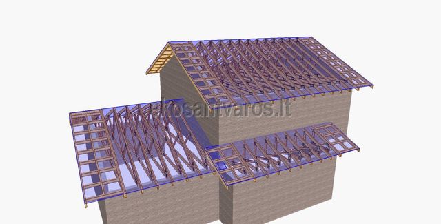 3D-modell av takkonstruksjon med takstoler på et hus med ulike takhøyder