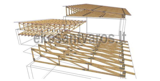 3D-tegning av takstoler i tre over flere bygningsdeler