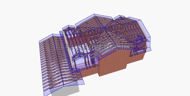 3D-modell av sammensatt valmtak med takstoler over murvegger