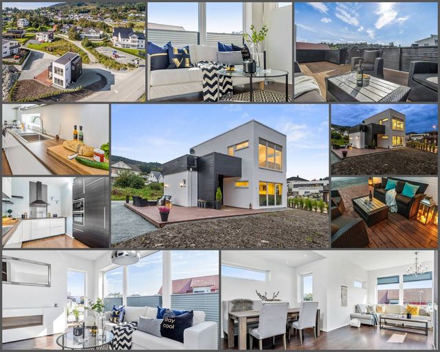 Collage av moderne hvitt og svart hus med terrasse, kjøkken og lys stue, sett fra luften og innvendig