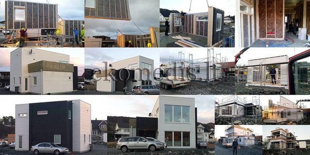 Collage fra montering av elementhus: veggelementer løftes med kran, stillas og ferdige hus med kledning
